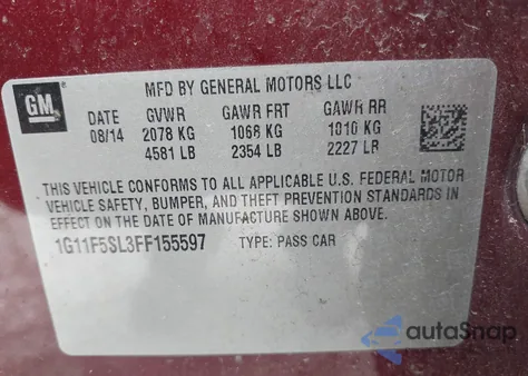 2015 Chevrolet Malibu 1Lz from USA, damaged, VIN 1G11F5SL3FF155597
